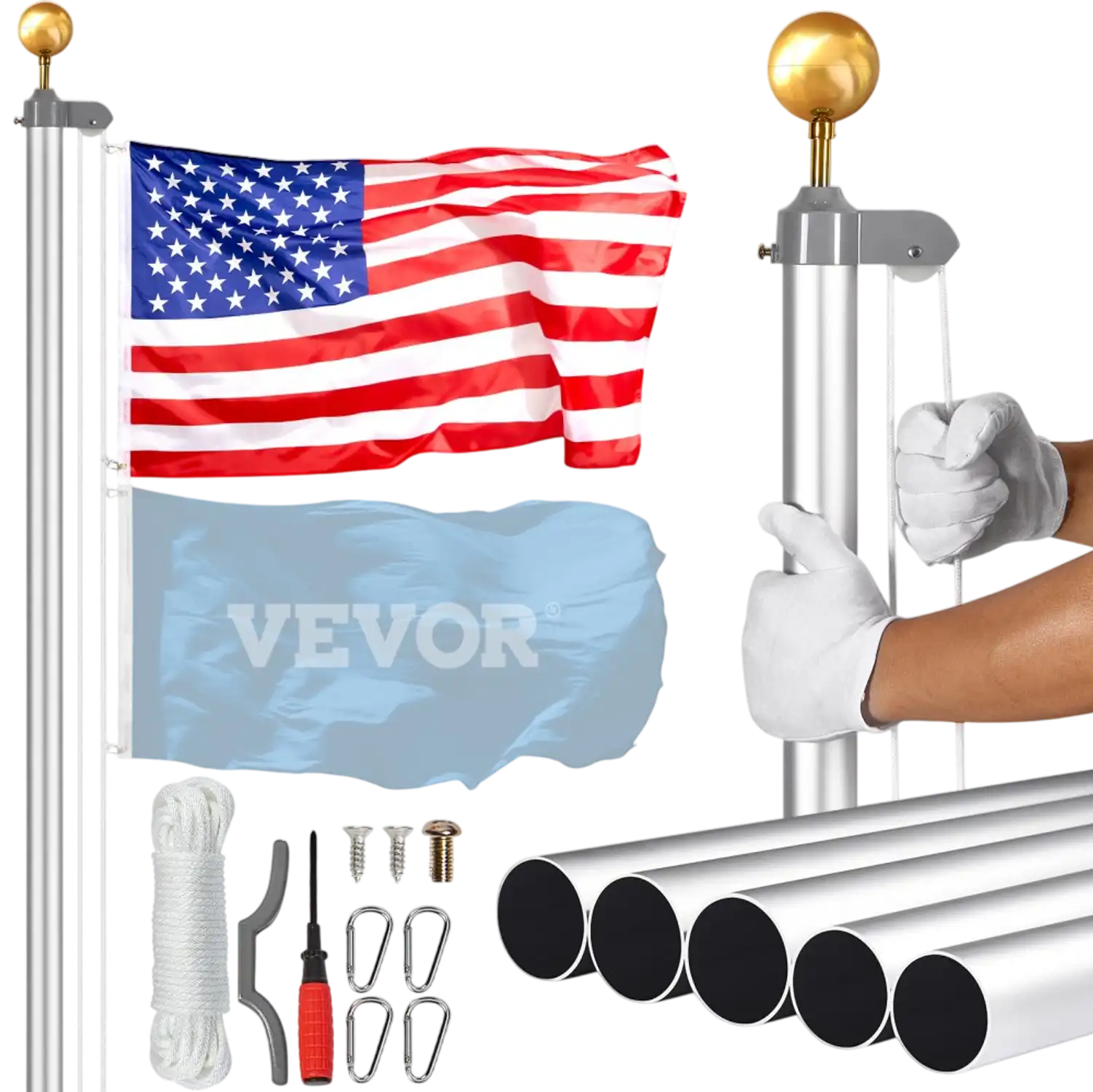 Vevor Flagpole 20' Heavy-Duty Aluminum Alloy Sectional Kit with 3 Display Modes Silver New