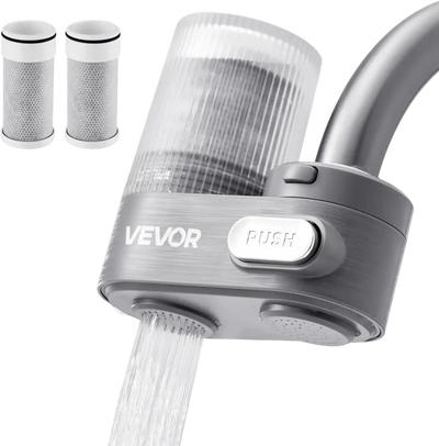 VEVOR Faucet Mount Water Filter, Vertical Water Purifier for Sink Tap, Carbon Fiber Filter, Removes Chlorine Lead with 3 Filters, Fits Most Kitchen or Bathroom Faucets, Gray