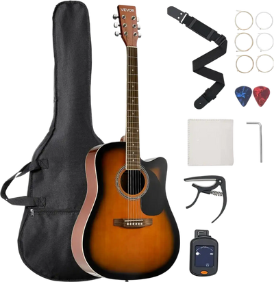 VEVOR 41 in Cutway Acoustic Guitar, 6-String, Sunburst Solid Spruce Top Guitar, Beginner Bundle with Gig Bag, Tuner, Strap, Steel Strings, Picks, Capo, Rosewood Fingerboard, for Fingerstyle Solo Jazz