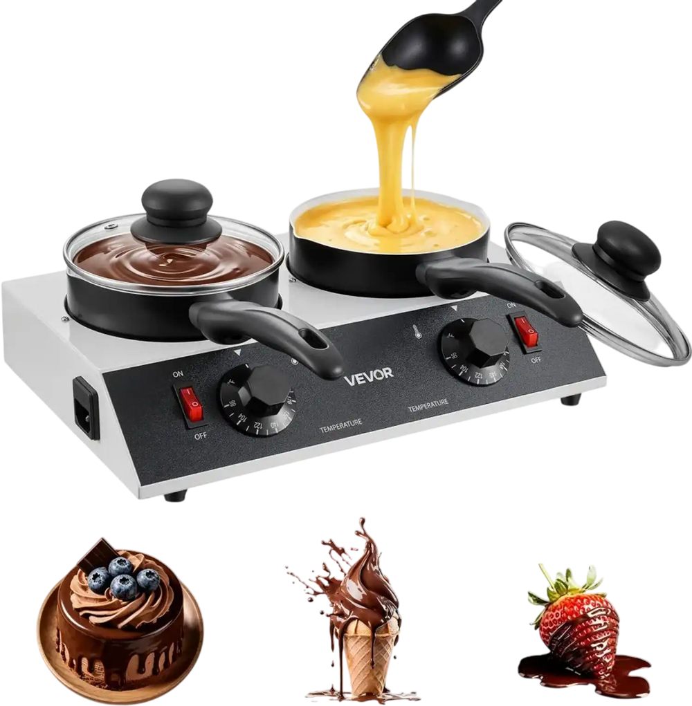 VEVOR Chocolate Melting Pot - 2 x 1 QT Pots, 86℉ - 185℉ Choc Warm Machine, 80W Even Cheese Melter, 2 Knobs Temp Control, 2 Ceramic Coated Pots, Electric Warmer for Mulled Milk Candy, Commercial & Home
