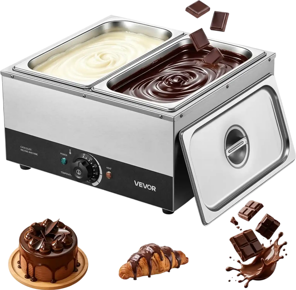 VEVOR Chocolate Melting Machine, 2 Tanks 17.6 Lbs Choc Commercial Melter, 1200W High Power, Water Bath Heating System, Stainless Steel Body, 86℉- 185℉ Temp Range, Chocolate Warmer for Cheese Milk