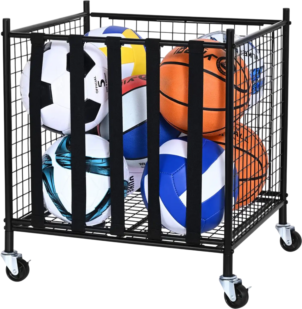 VEVOR Rolling Sports Ball Storage Cart, Lockable Basketball Cage with Elastic Straps, Sport Equipment Holder Organizer for Indoor Outdoor, Steel Storage Rack for Garages, Playgroup, Gym and Schools