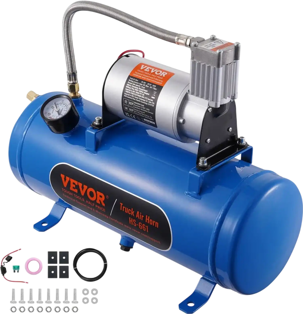 VEVOR 12V Air Compressor with Tank 1.6 Gallon/6 L, Train Horn Air Compressor, 120 psi Working Pressure Onboard Air Compressor System for Train Air Horns, Inflating Tires, Air Mattresses