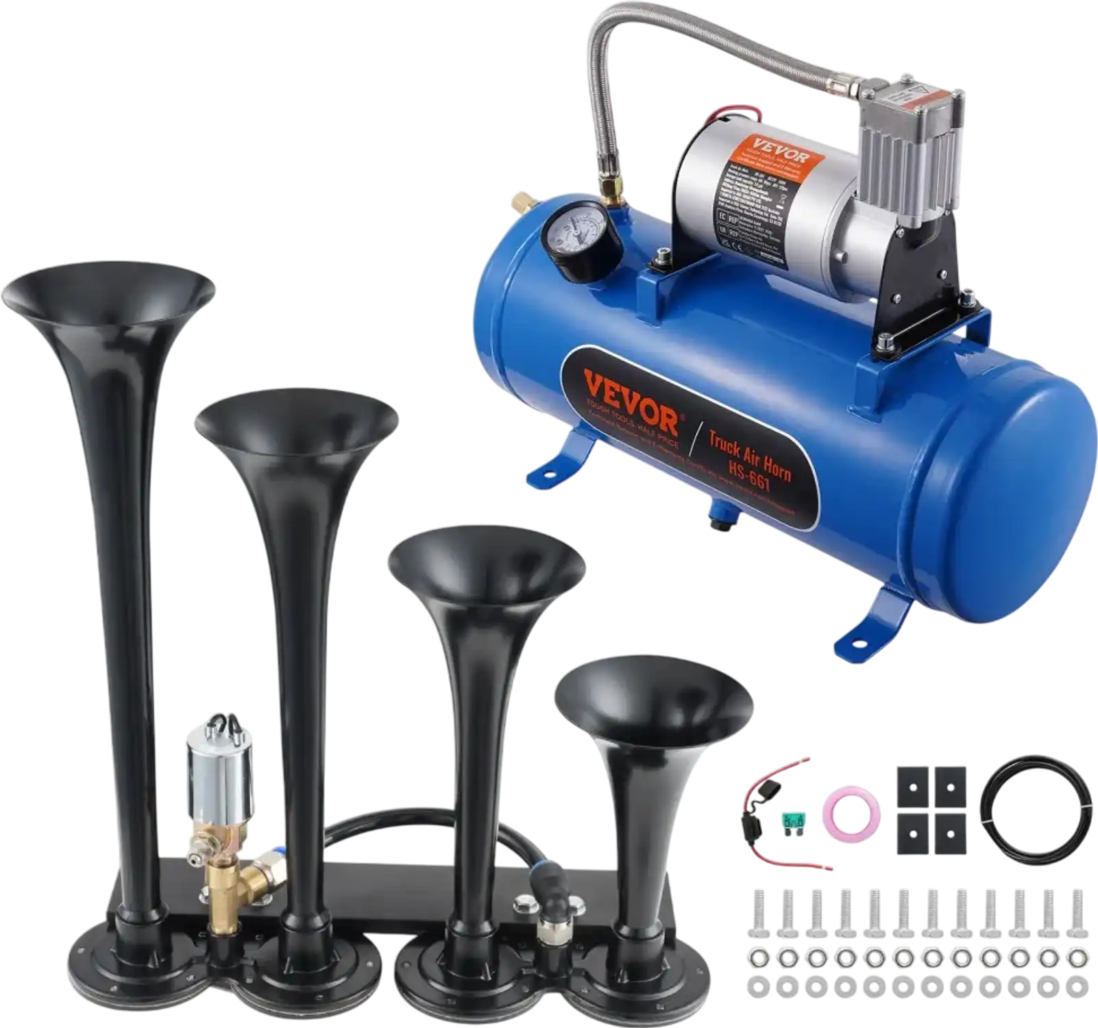 Vevor Train Horn Kit 4 Trumpet 150dB Air Horn w/ 12V Compressor & 1.6 gal Tank New