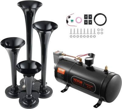 VEVOR Train Horns Kit, 4 Trumpet Air Horn Kit, 150dB Train Horns for Pickup Trucks, 12V 120 psi Air Compressor 0.8 Gal/3 L Tank with Gauge for Any 12V Vehicle Car Truck Train Van Boat