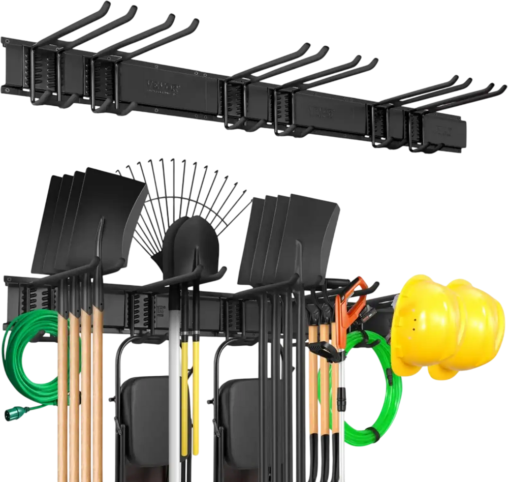 VEVOR Garage Tool Organizer, 800 lbs Max Load Capacity, Wall Mount Yard Garden Storage Rack Organization Heavy Duty with 6 Adjustable Hooks and 3 Rails, for Garden Tools, Shovels, Trimmers, and Hoses