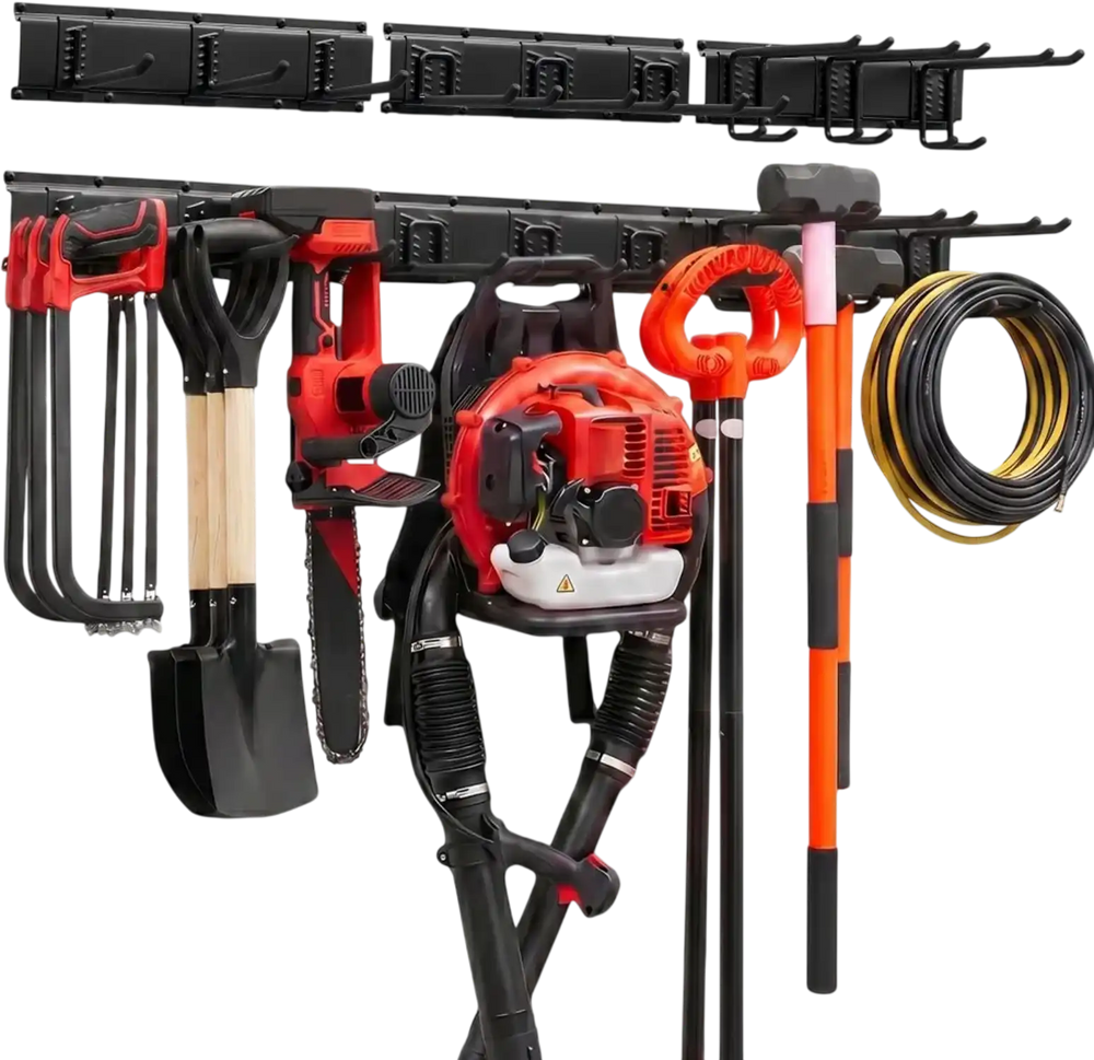 VEVOR Garage Tool Organizer 49.5 Inch 600 lbs Wall Mount Garden Tool Rack, Heavy Duty Garage Hanging Storage Rack Organization with 3 Rails and 9 Adjustable Hooks, for Yard Tools, Shovel, Rake, Shed