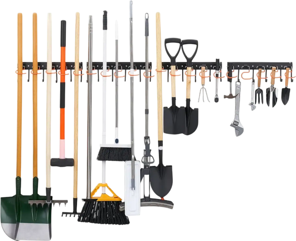 VEVOR Garage Tool Organizer 68 Inch 450 lbs Wall Mount Garden Tool Rack, Heavy Duty Hanging Storage Organization, 4 Rails with 24 Fixed L-Hooks, 20 Adjustable S-Hooks, for Yard Tools, Shovel, Shed