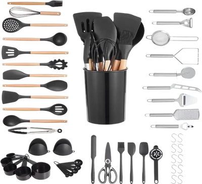 Vevor Kitchen Utensil Set 50-Piece Black Silicone Cooking Tools with Holder 428°F New