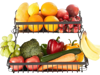 VEVOR 2 Tier Fruit Basket, Countertop Fruits Vegetable Bowl with Banana Hangers, Metal Wire Storage Stand for Kitchen Counter, Detachable Stackable Holder Organizer for Bread Snack Veggies, Black
