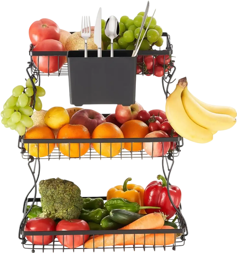 VEVOR 3 Tier Fruit Basket, Countertop Fruits Vegetable Bowl with Banana Hangers and Side Storage Basket, Metal Wire Storage Stand for Kitchen Counter, Holder Organizer for Bread Snack Veggies, Black