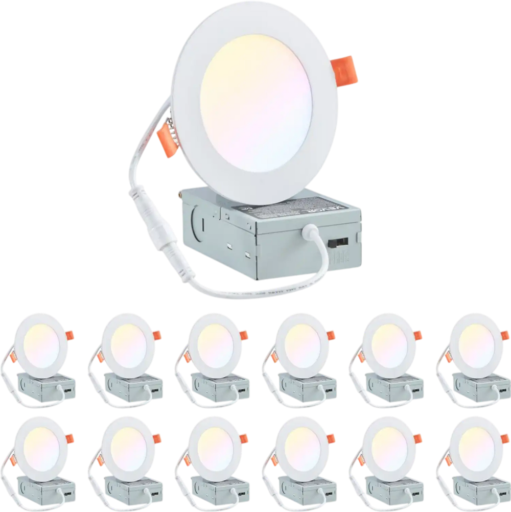 VEVOR 12 Pack 4 Inch LED Recessed Ceiling Light, 5CCT, Ultra-Thin Canless Wafer Downlight with Junction Box, 2700K/3000K/3500K/4000K/5000K Selectable, 800 LM High Brightness 9W 120V, for Home Lighting