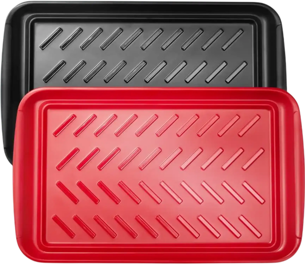 VEVOR Plastic Serving Trays, 2-Pack Grilling Prep and Serve Trays with Handles , 17x10.35 Inch Anti-Slip Melamine Food Tray, Ideal for BBQ, Kitchen, Cafeteria, Ottoman, Coffee Table, Black and Red