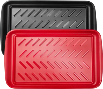 VEVOR Plastic Serving Trays, 2-Pack Grilling Prep and Serve Trays with Handles , 17x10.35 Inch Anti-Slip Melamine Food Tray, Ideal for BBQ, Kitchen, Cafeteria, Ottoman, Coffee Table, Black and Red
