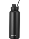 VEVOR 40 oz Insulated Water Bottle, Stainless Steel Camping & Hiking Hydration Flask with Wide Mouth Lid, Sports Coffee Cup Double Walled, Leakproof, for Indoor/Outdoor Use, FDA Listed,Black
