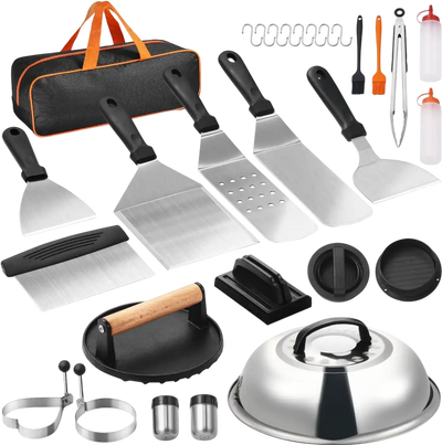 VEVOR 28PCS Griddle Accessories Kit, Flat Top Grill Accessory, Enlarged Spatula Gift Set, Stainless Steel Grilling Tools with Basting Cover, Tong, Burger Press, Carry Bag, for Outdoor BBQ Teppanyaki