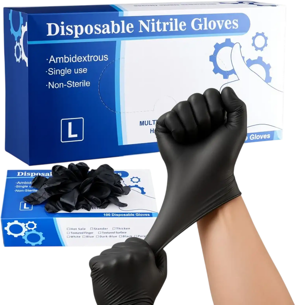 VEVOR Disposable Gloves, 4.5 Mil Black Nitrile Gloves with Textured Fingertips, Latex & Powder-Free, Food-Grade, Puncture Resistance, Ideal for Medical Exams, Cooking and Cleaning, 100 Count, Large
