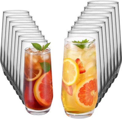 VEVOR Drinking Glasses Set, 16-Piece Crystal Glass Cups, Elegant Mixed Glassware Set, with 8 Pcs 18.26 Oz Highball and 8 Pcs 11.5 Oz Cocktail Drinkware for Kitchen, Beer, Smoothie, Juice, Soda, Wine