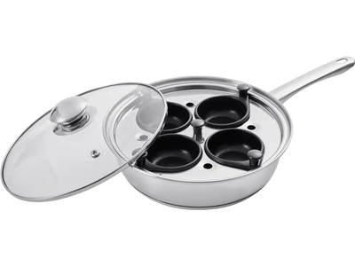VEVOR Egg Poacher Pan, 4-Cup Poached Egg Maker, Stainless Steel Poaching Pan and Frying Skillet, with 4 Nonsitck Detachable Large Cups, Lid, and Silicone Spatula, Compatible with Induction Stovetop