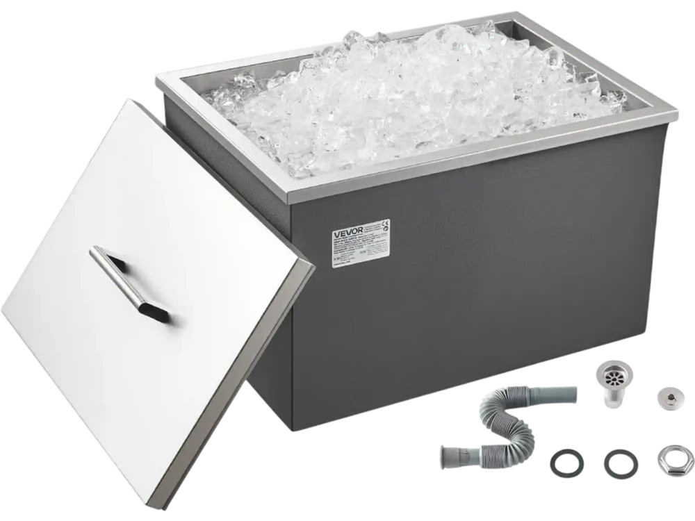 VEVOR Drop in Ice Chest, 20"L x 14"W x 12"H Stainless Steel Drop in Cooler, 31.7 Quart Commercial Ice Bin with Pot Lid for Outdoor Kitchen Patio Bar, Drain-pipe Set Included, for Cold Wine Beer
