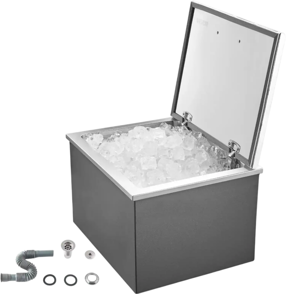 VEVOR Drop in Ice Chest, 20"L x 16"W x 13"H Stainless Steel Drop in Cooler, 44.7 Quart Commercial Ice Bin with Flip Lid for Outdoor Kitchen Patio Bar, Drain-pipe Set Included, for Cold Wine Beer