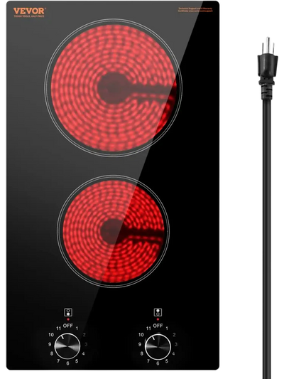 VEVOR Electric Cooktop, 12 inch 2 Burners Built-in Electric Stove Top, 1800W Ceramic Top Radiant Cooktop, with Glass Panel, Knob Control, 11 Heat Levels, 120V, for Diverse Cooking Requirements