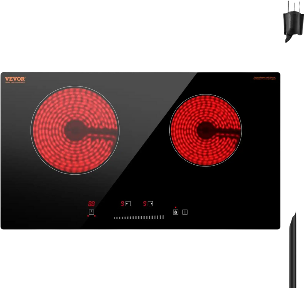VEVOR Electric Cooktop, 24 inch 2 Burners Built-in Electric Stove Top, 1800W Ceramic Top Radiant Cooktop with Glass Panel, Touch Control, Timer, Child Lock, 9 Heat Level, Residual Heat Indicator, 120V