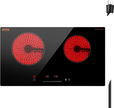 VEVOR Electric Cooktop, 24 inch 2 Burners Built-in Electric Stove Top, 1800W Ceramic Top Radiant Cooktop with Glass Panel, Touch Control, Timer, Child Lock, 9 Heat Level, Residual Heat Indicator, 120V