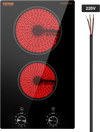 VEVOR Electric Cooktop, 12 inch 2 Burners Built-in Electric Stove Top, 3000W Ceramic Top Radiant Cooktop, with Glass Panel, Knob Control, 11 Heat Levels, 220-240V, Hard Wire (No Plug)