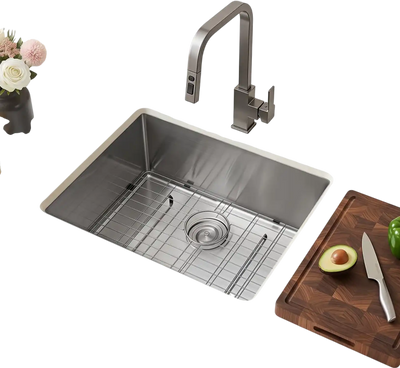 VEVOR 24-inch Kitchen Undermount Single Bowl Sinks, Stainless Steel Drop-In Farmhouse Basin with Accessories, Household Dishwasher Sinks for RV, Prep Kitchen, Laundry Room, Bar