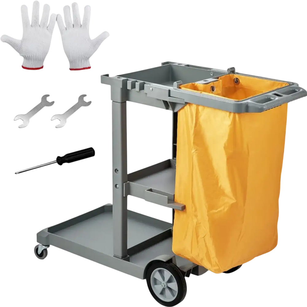 VEVOR Cleaning Cart, 3-Shelf Commercial Janitorial Cart, 200 lbs Capacity Plastic Housekeeping Cart, with 25 Gallon PVC Bag, 47" x 20" x 38.6", Yellow+Grey