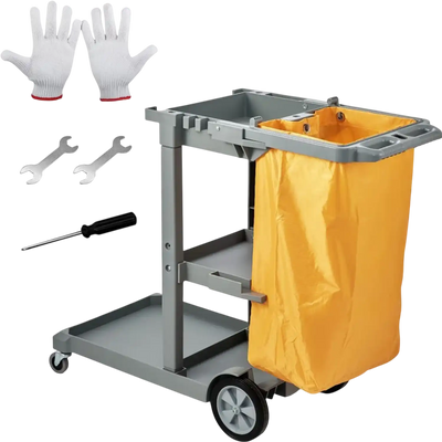 Vevor Cleaning Cart 3-Shelf Commercial Janitorial Cart with 25 Gallon PVC Bag 47