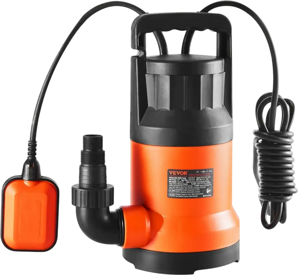 VEVOR Utility Pump, 1 HP, 4000 GPH High Flow, 31 ft Head, Sump Pump Submersible Water Pump Portable Utility Pump with 10 ft Long Power Cord for Draining Water from Swimming Pool Garden Pond Basement