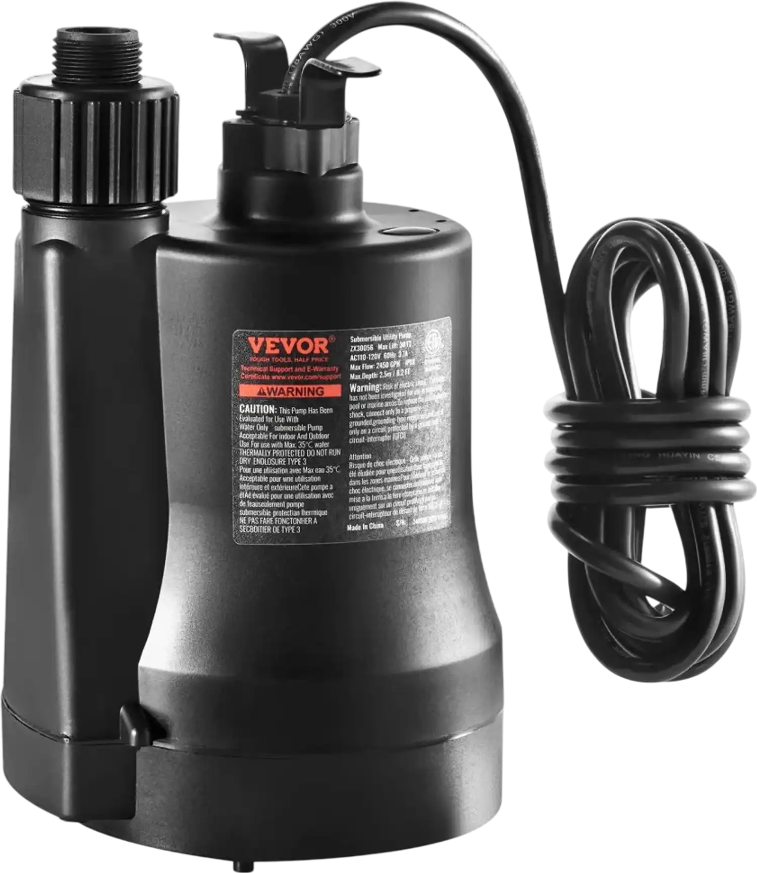 Vevor Utility Pump 1/3 HP 2450 GPH Submersible Water Pump New