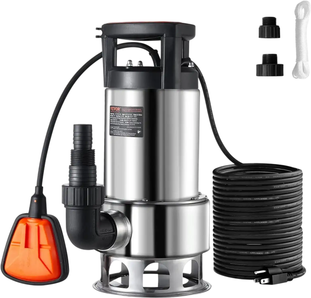 VEVOR 1HP Sump Pump, 4020GPH, 30FT Lift Stainless Steel Submersible Sludge Pump with 26FT Power Cord Automatic ON/OFF Float Switch, Drain Clean/Dirty Water for Basement Flood Pool Pond Garden Hot Tub