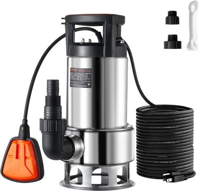 VEVOR 1HP Sump Pump, 4020GPH, 30FT Lift Stainless Steel Submersible Sludge Pump with 26FT Power Cord Automatic ON/OFF Float Switch, Drain Clean/Dirty Water for Basement Flood Pool Pond Garden Hot Tub