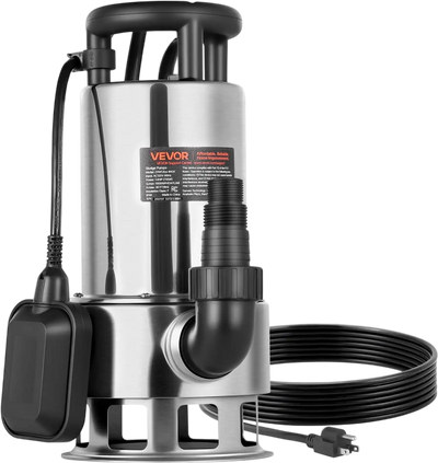 VEVOR 1 HP Submersible Sump Pump, 5500 GPH, Stainless Steel Submersible Sewage Dirty Clean Water Pump with Automatic Float Switch, Long Cord, 30 ft Max Lift, for Pools, Garden, Pond, Flooded Areas