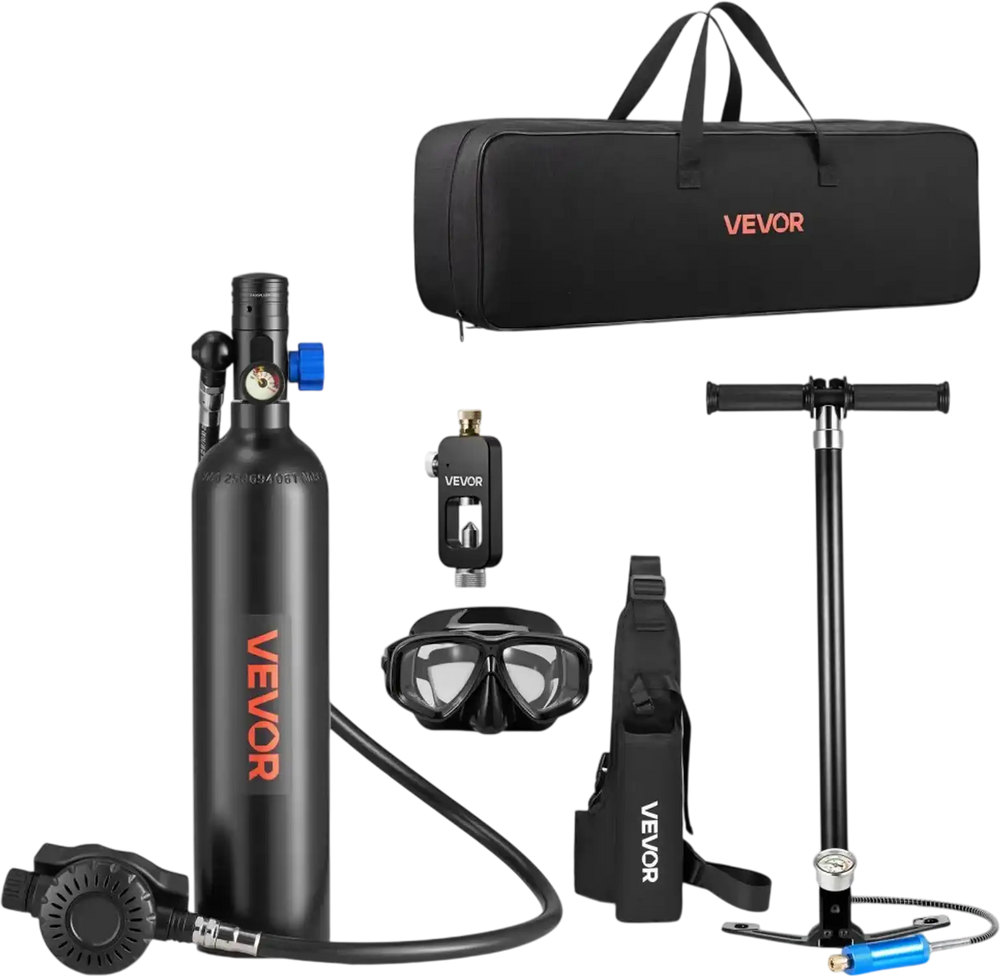VEVOR Mini Scuba Tank, 1L Portable Diving Tank for Underwater Breathing, Reusable Lung Diving Cylinder up to 20 Minutes Dive Time, Emergency Rescue Pony Bottle with Adapter & Goggles for Snorkeling