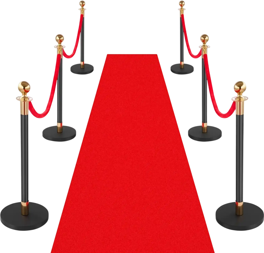VEVOR Stanchion Post, 6 Pcs Crowd Control Barrier Set with Red Carpet, 4 Red Velvet Ropes, Stainless Steel Gold Stanchion Post Queue with Hollow Base for Theater, Party, Wedding, Exhibition (Black)