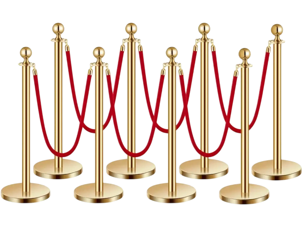 VEVOR Stanchions and Velvet Ropes 8Pcs, Hollow Base with Stainless Steel Post, 6 Red Velvet Ropes and Posts, Crowd Control Barriers Gold Stanchions, Red Carpet Runner Poles for Party Supplies