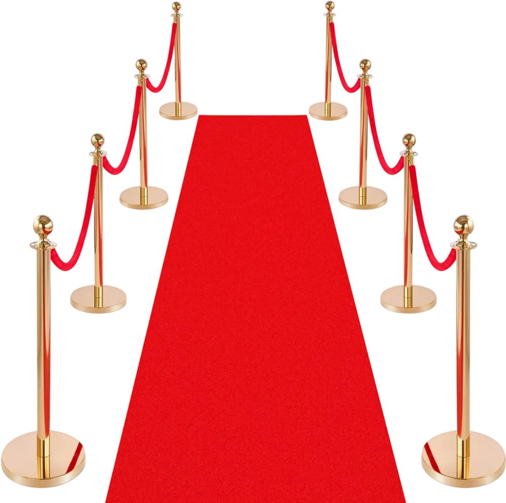 VEVOR Stanchion Post, 8 Pcs Crowd Control Barrier Set with Red Carpet, 6 Red Velvet Ropes, Stainless Steel Gold Stanchion Post Queue with Hollow Base for Theater, Party, Wedding, Exhibition (Gold)