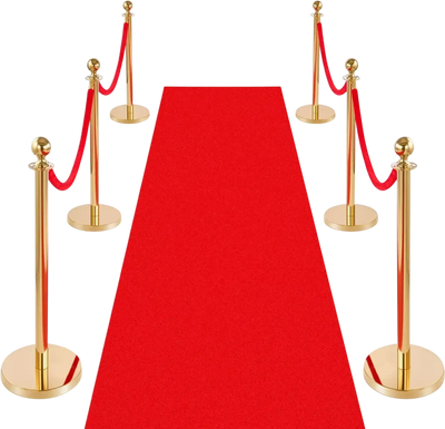 VEVOR Stanchion Post, 6 Pcs Crowd Control Barrier Set with Red Carpet, 4 Red Velvet Ropes, Stainless Steel Gold Stanchion Post Queue with Hollow Base for Theater, Party, Wedding, Exhibition (Gold)