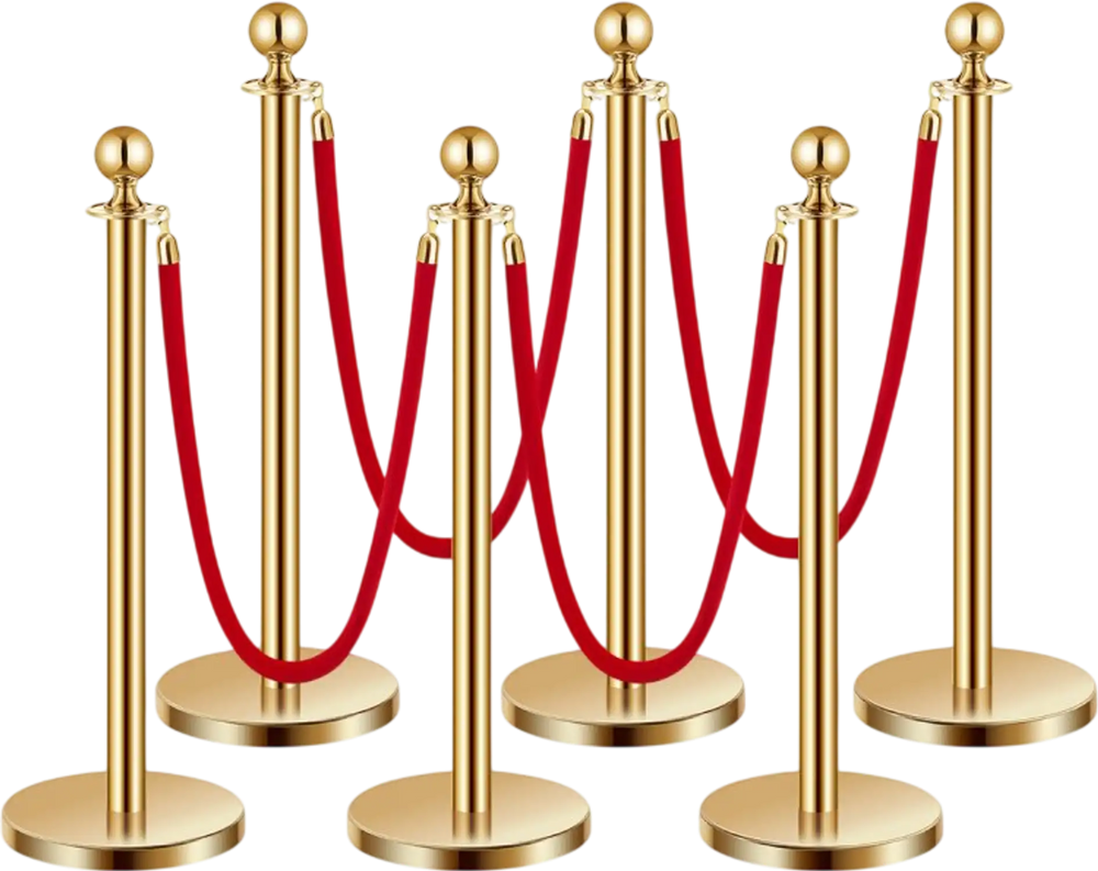 VEVOR Stanchions and Velvet Ropes 6Pcs, Hollow Base with Stainless Steel Post, 4 Red Velvet Ropes and Posts, Crowd Control Barriers Gold Stanchions, Red Carpet Runner Poles for Party Supplies