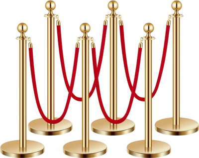 VEVOR Stanchions and Velvet Ropes 6Pcs, Hollow Base with Stainless Steel Post, 4 Red Velvet Ropes and Posts, Crowd Control Barriers Gold Stanchions, Red Carpet Runner Poles for Party Supplies