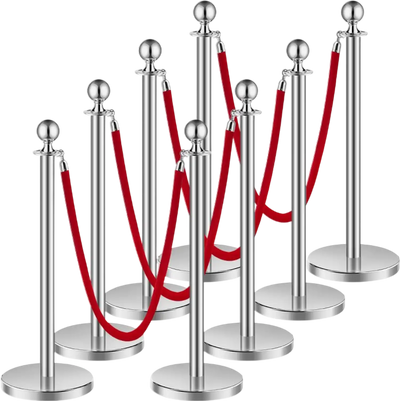 VEVOR Stanchions and Velvet Ropes 8Pcs, Hollow Base with Stainless Steel Post, 4 Red Velvet Ropes and Posts, Crowd Control Barriers Silver Stanchions, Red Carpet Runner Poles for Party Supplies