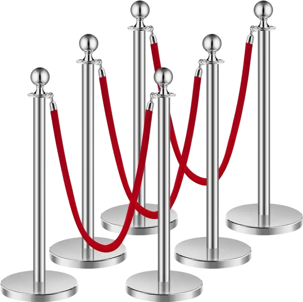 VEVOR Stanchions and Velvet Ropes 6Pcs, Hollow Base with Stainless Steel Post, 3 Red Velvet Ropes and Posts, Crowd Control Barriers Silver Stanchions, Red Carpet Runner Poles for Party Supplies