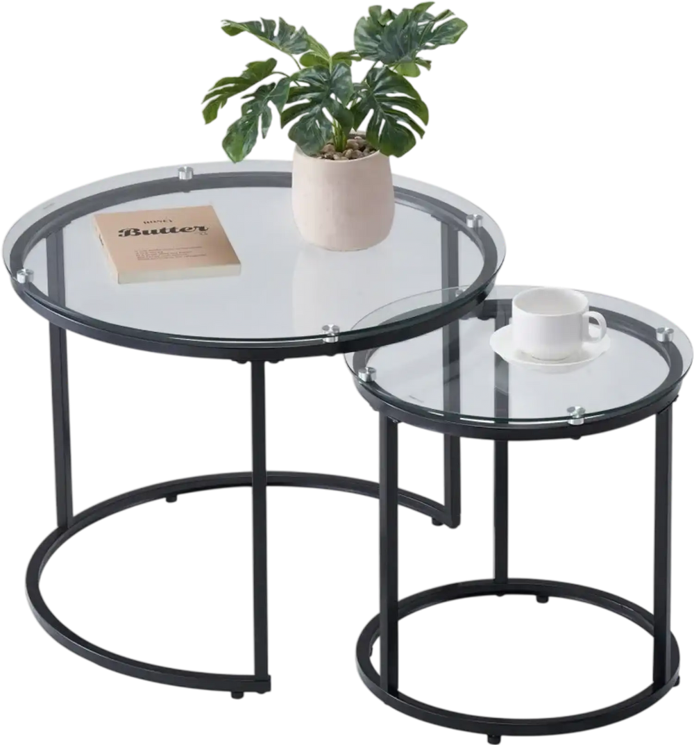 VEVOR Nesting Coffee Table Set of 2, 23.6 in Round Coffee Table, Glass Nesting Tables for Small Place, Modern End Side Tables Night Stand with Metal Frame, for Living Room, Bedroom, Balcony, Office