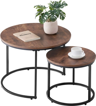 VEVOR Nesting Coffee Table Set of 2, 23.6 in Round Coffee Table, Nesting Tables for Small Place, End Side Tables Night Stand with Metal Frame, for Living Room, Bedroom, Office (Vintage Brown & Black)