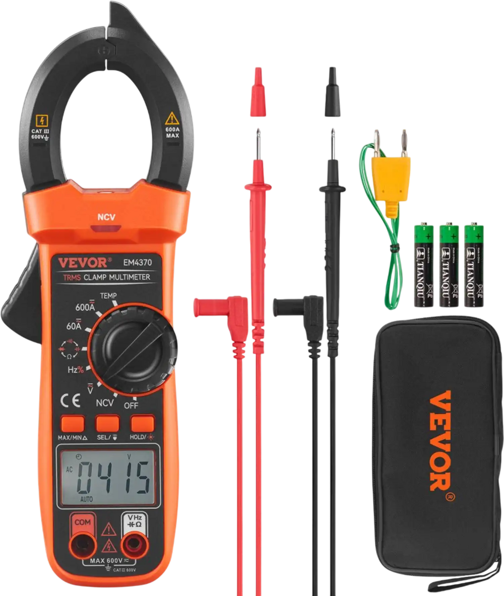 VEVOR Digital Clamp Meter, T-RMS 6000 Counts, 600A Multimeter for Current, Voltage, Resistance, Diodes & Continuity Testing, Data Hold Function, NCV Feature for Domestic & Railway Maintenance