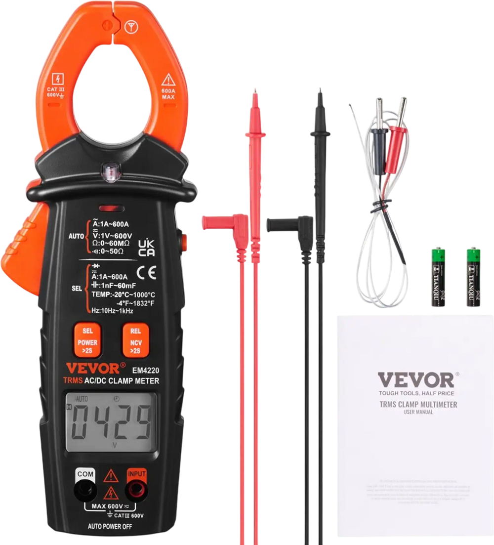 VEVOR Digital Clamp Multimeter, T-RMS 6000 Count, 600A, for Current, Voltage, Resistance, Diodes & Continuity Testing, Data Hold, NCV, Ideal for Domestic Appliances & Railway Maintenance